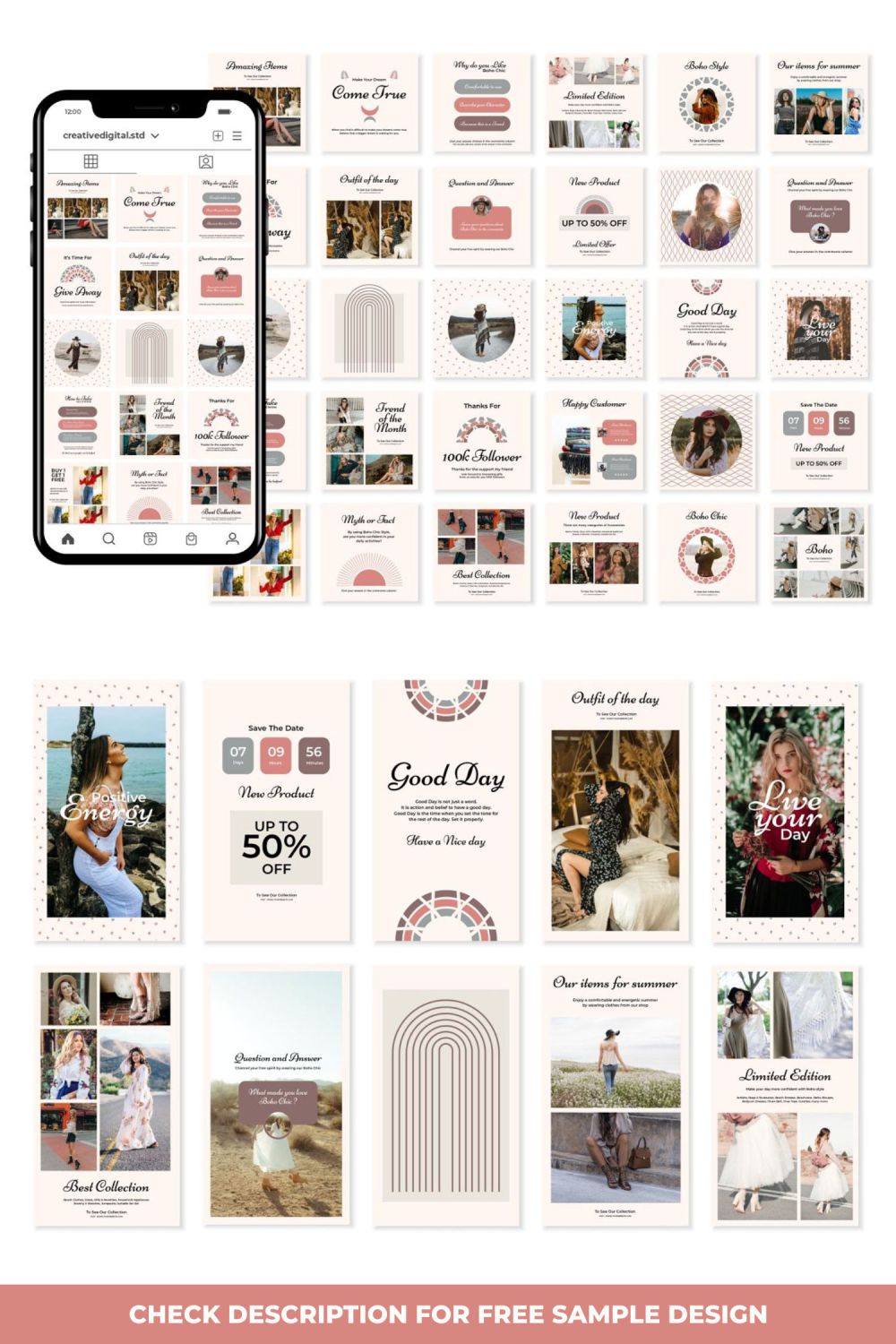 Boho Chic Story and Icon Social Media Template Pinterest Image.