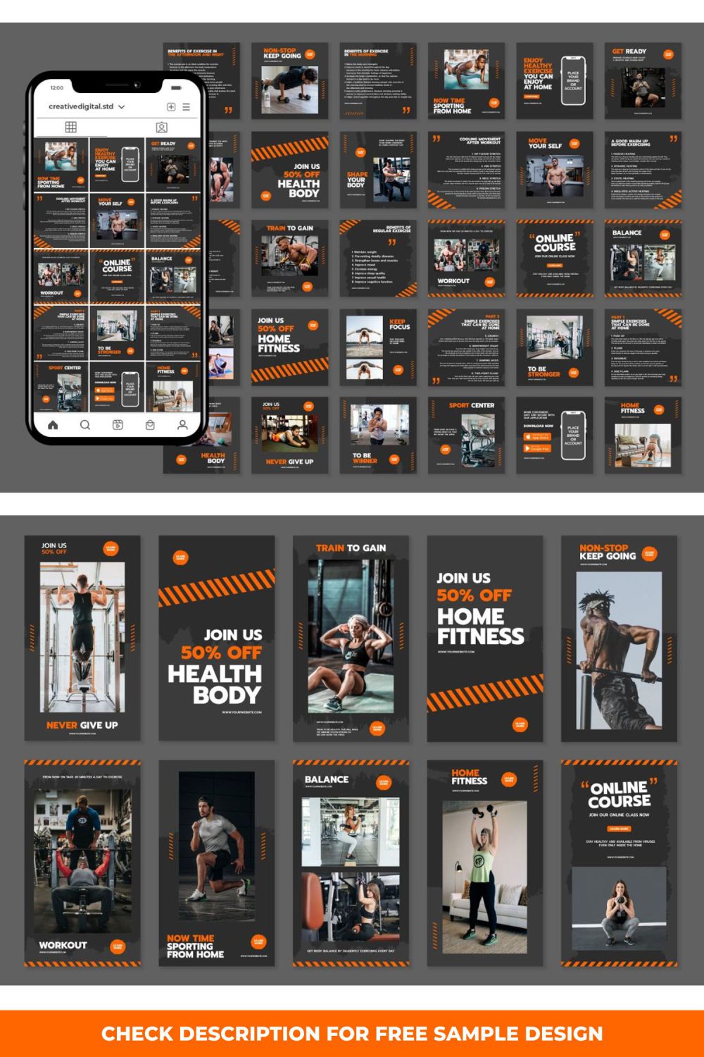 Home Fitness Story and Icon Social Media Template Canva Photoshop Illustrator Pinterest Image.