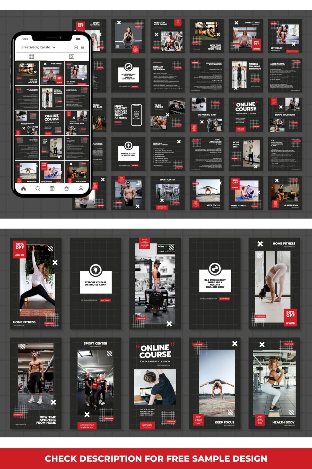 Home Fitness Story and Icon Social Media Template Pinterest Image.