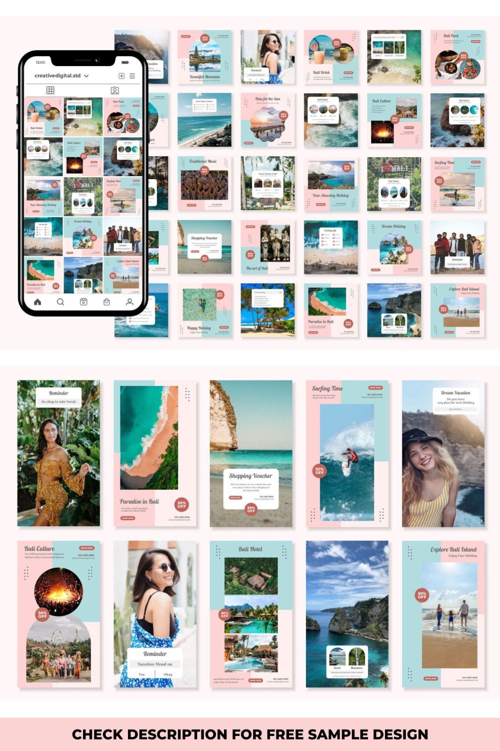 Holiday Tour and Travel Vacation Instagram Story And Post Canva Photoshop Illustrator Template Pinterest Image.