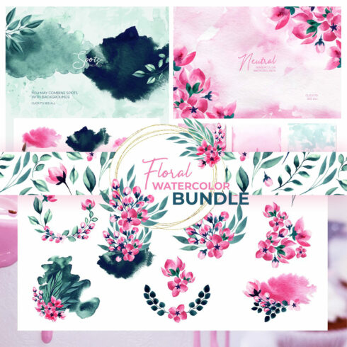 Pink floral watercolor bundle - main image preview.