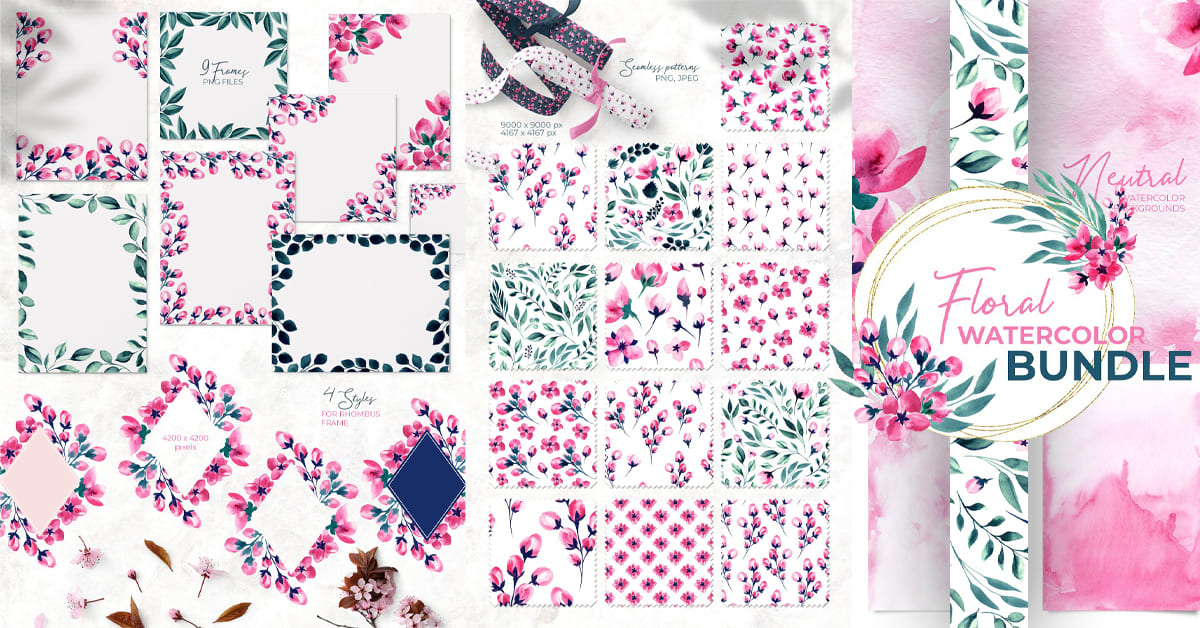 Pink floral watercolor bundle - Facebook image preview.