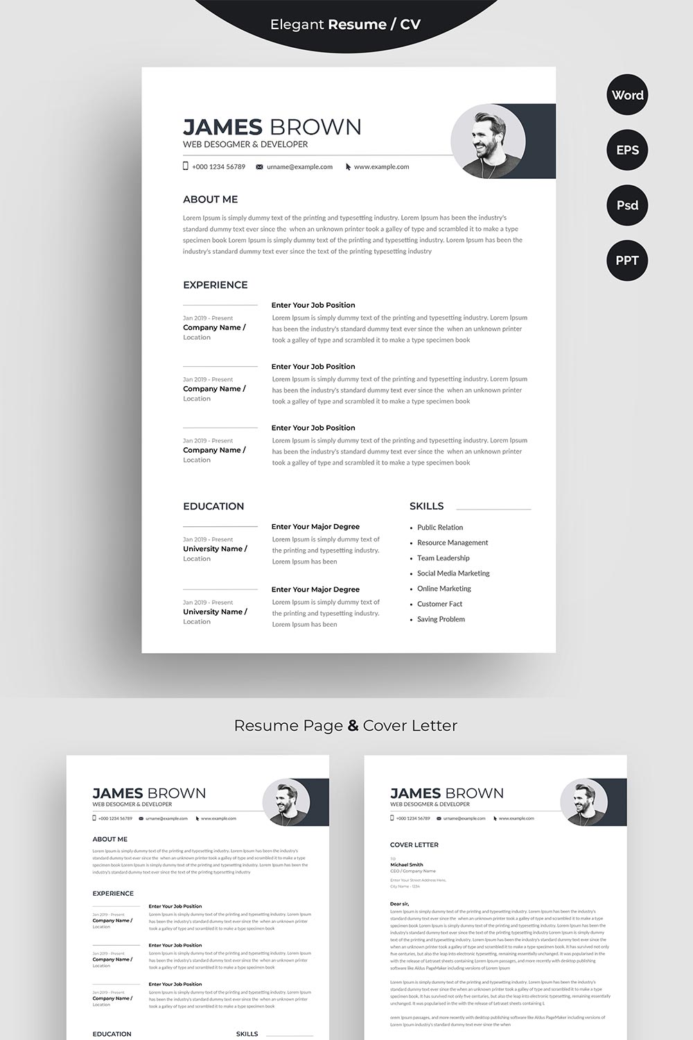 Clean and professional resume template with a black and white background.