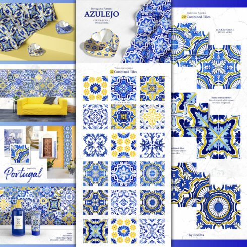 Portuguese Azulejos. Watercolor Patterns and Tiles.