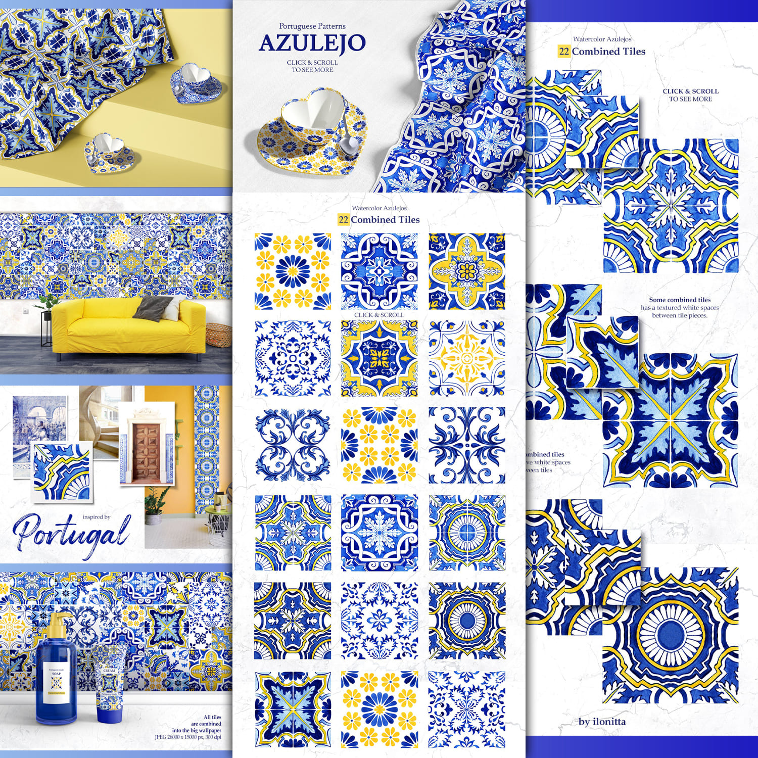Portuguese Azulejos. Watercolor Patterns and Tiles.