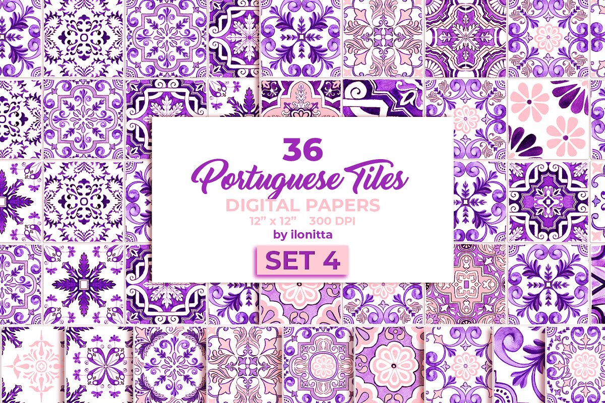 Cover image of Portuguese tiles digital paper set.