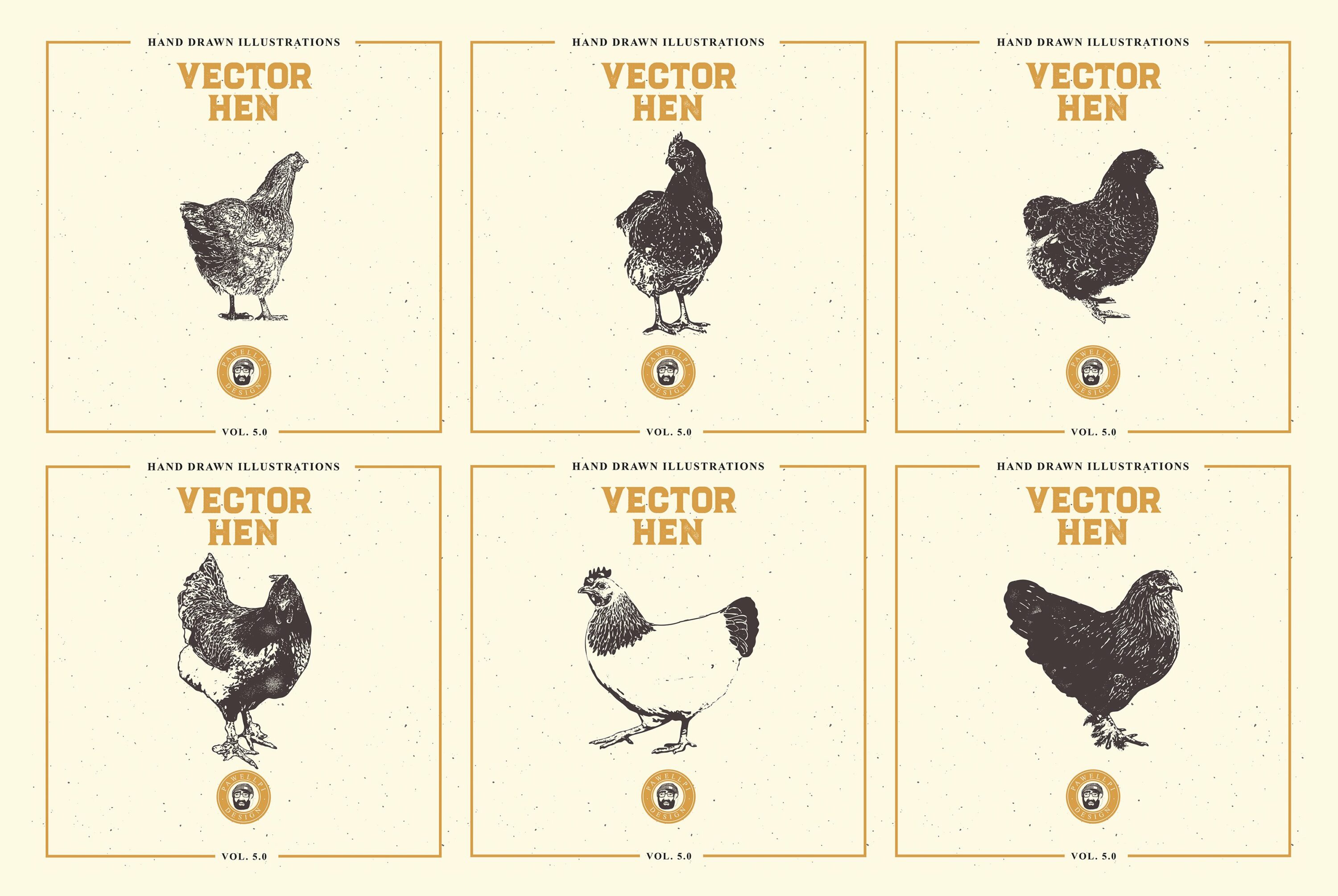 Diverse of hens on an yellow background.