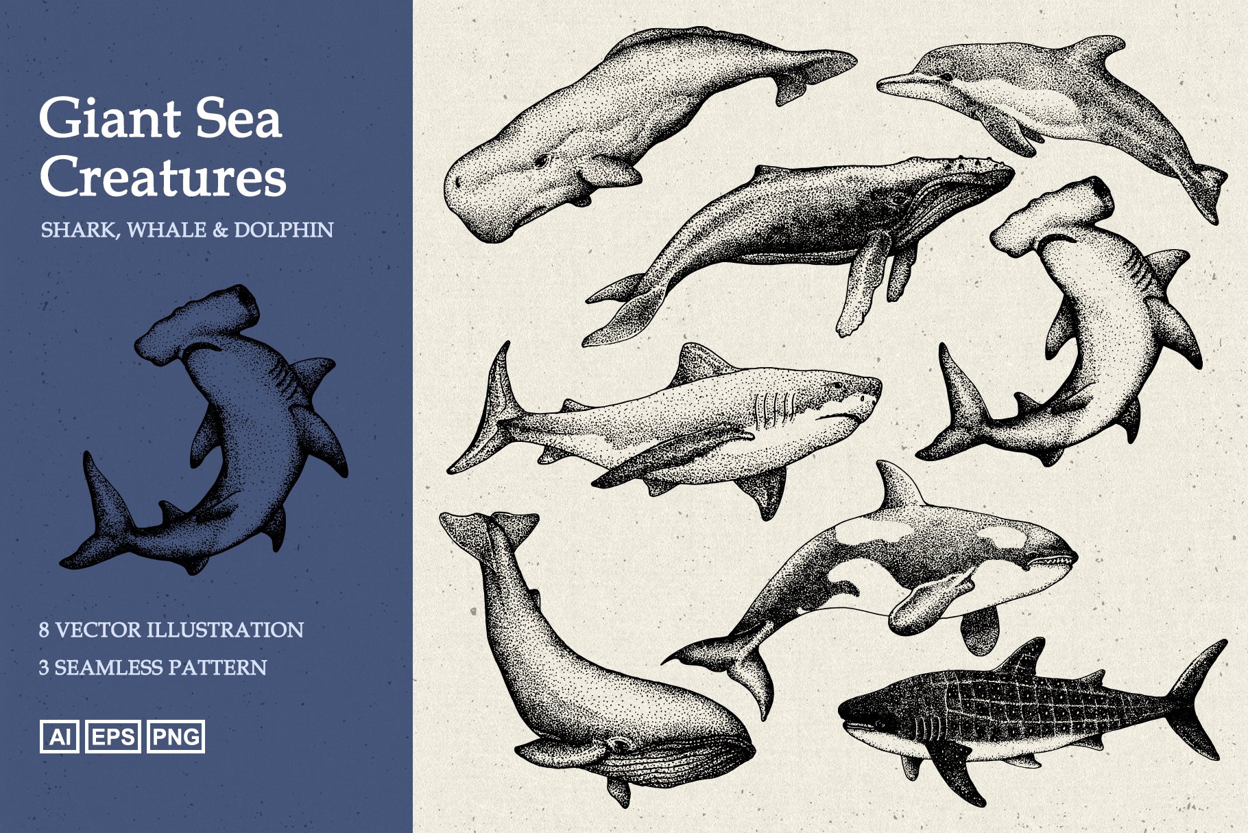 Cool hand drawn set with giant sea animals.
