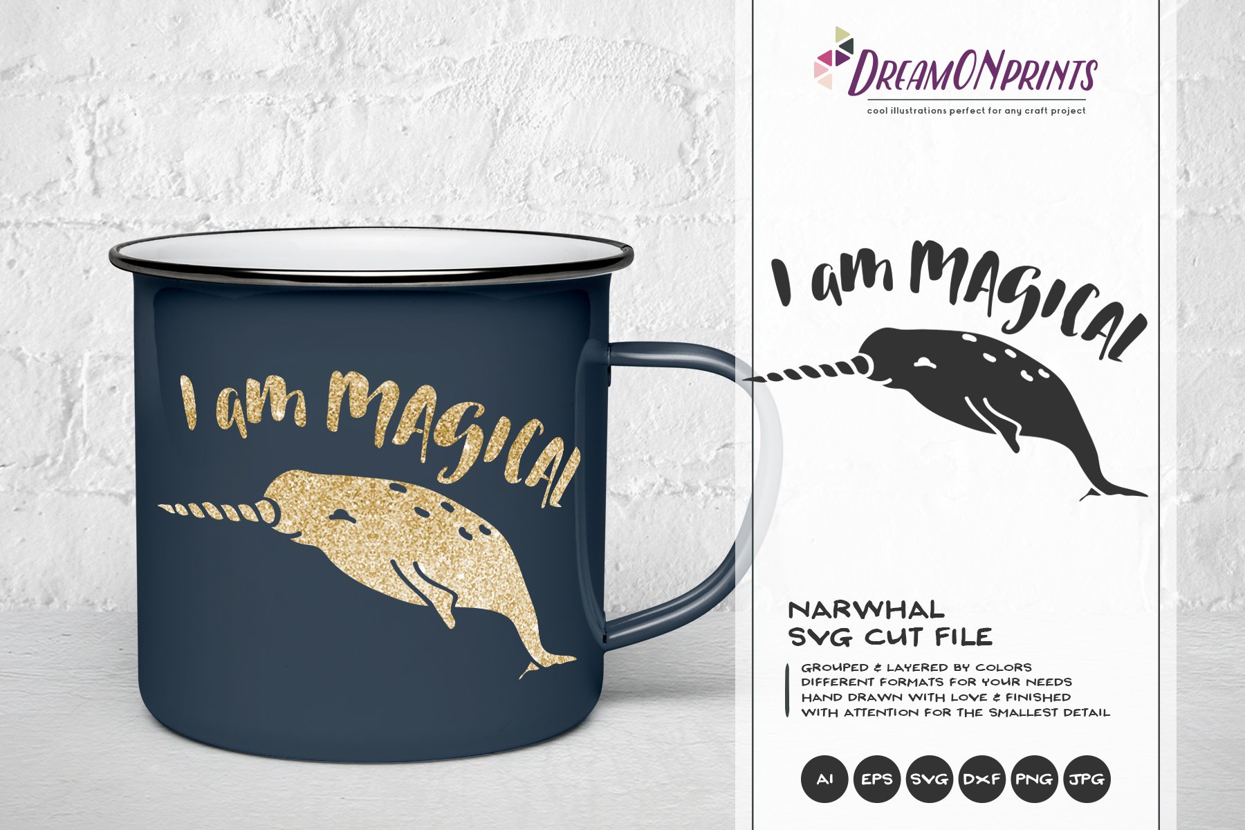 Mug with a picture of a narwhale on it.