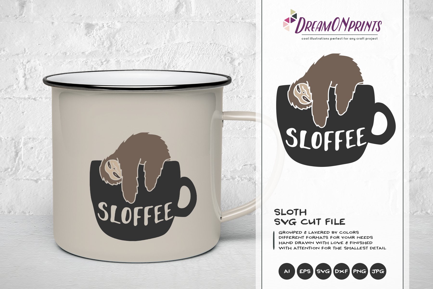 Coffee mug with a sloth on it next to a box of coffee.