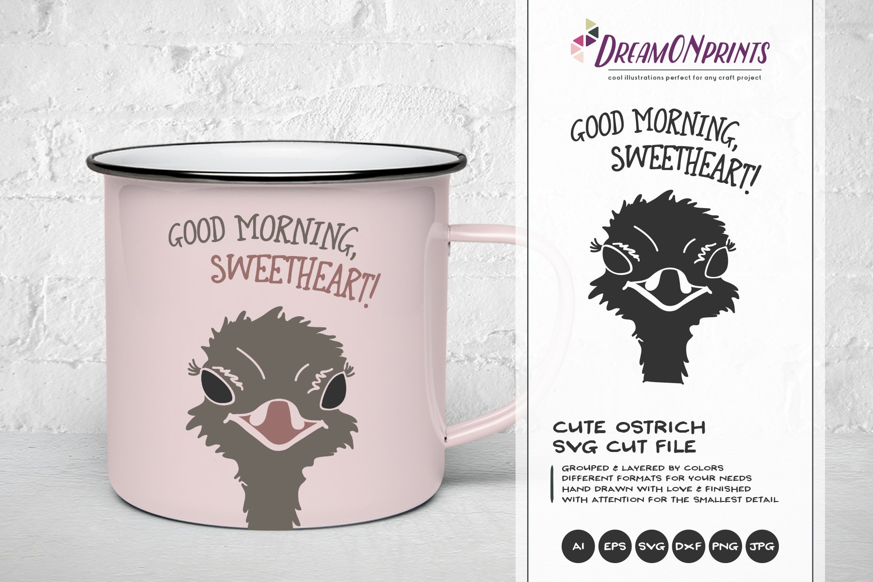 Pink coffee mug with an image of an ostrich.