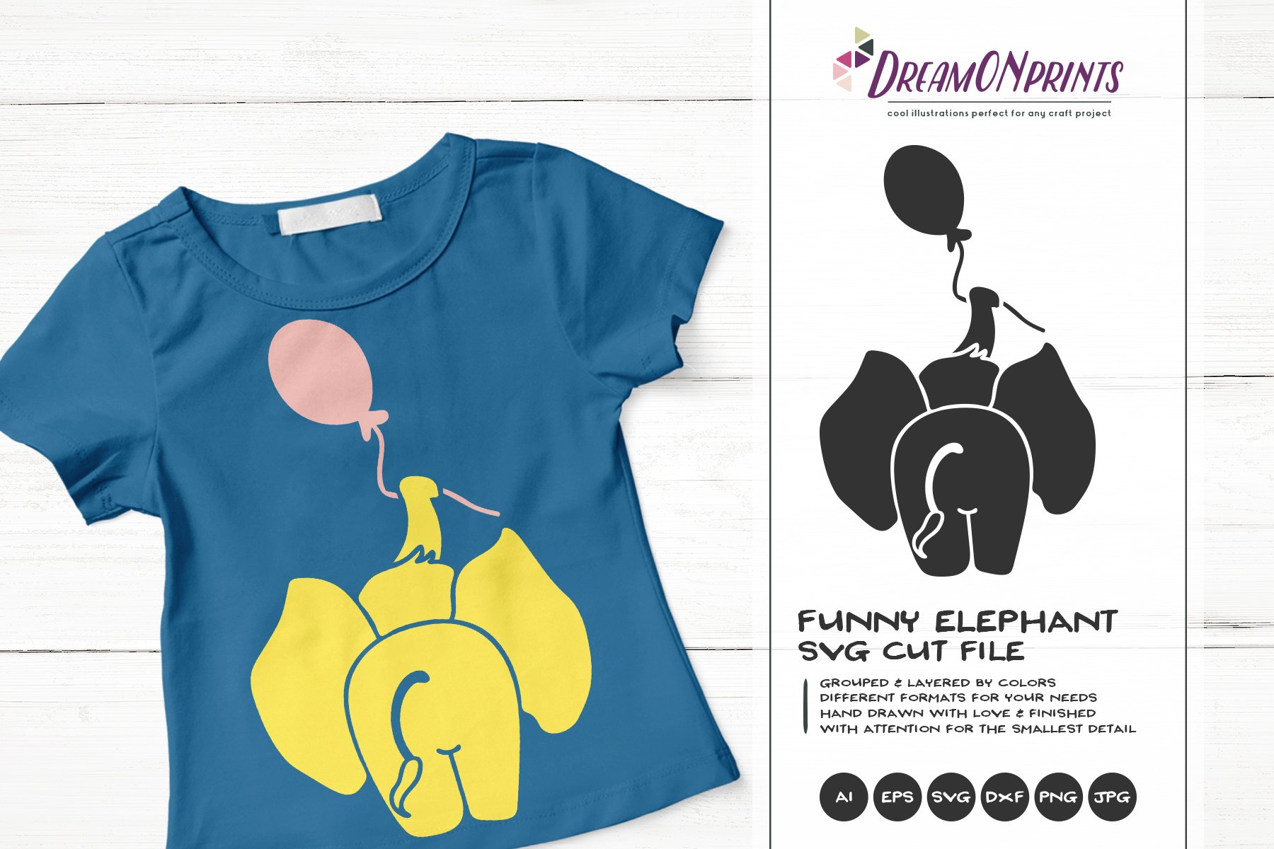 T - shirt with an elephant and a balloon on it.