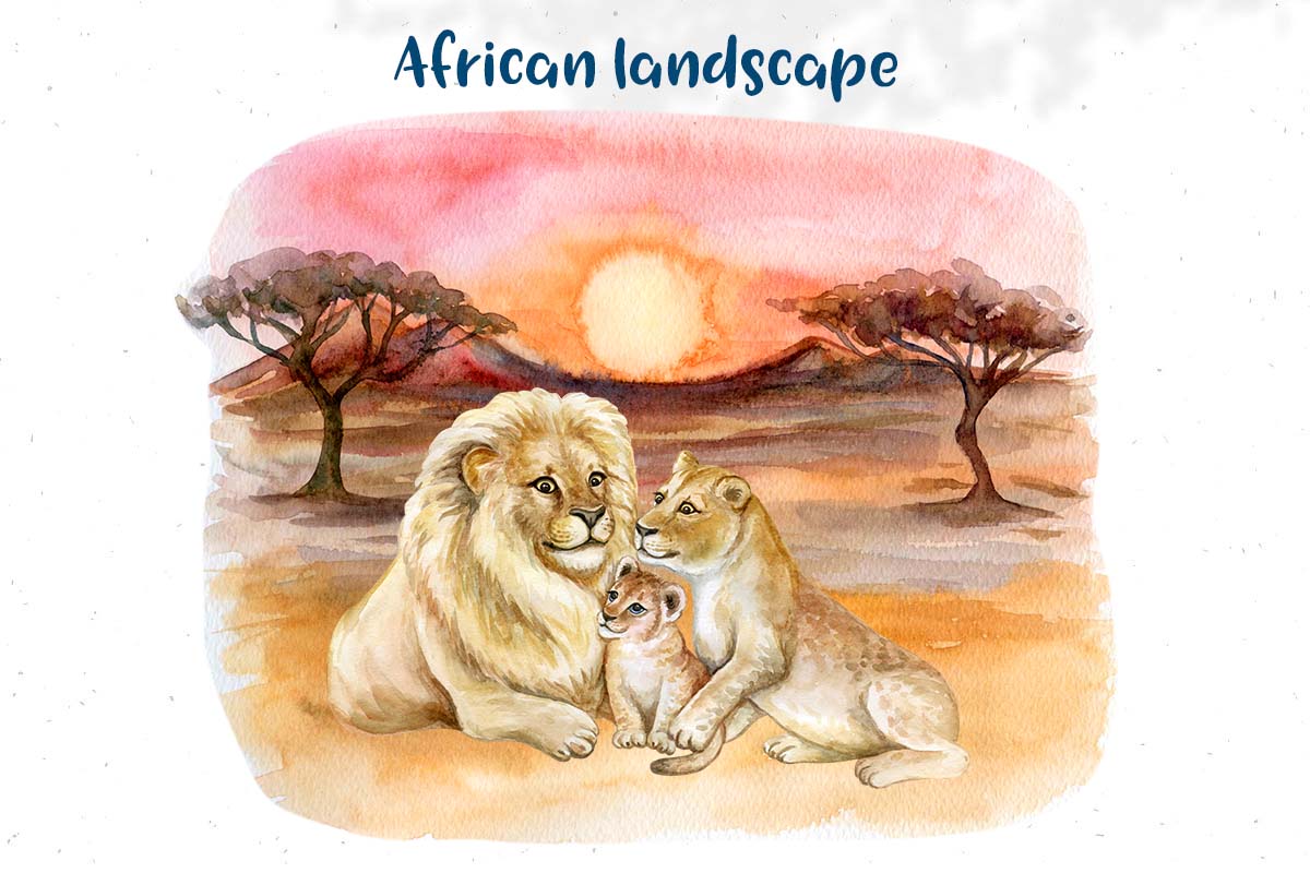 Watercolor African Moms and Babies lions