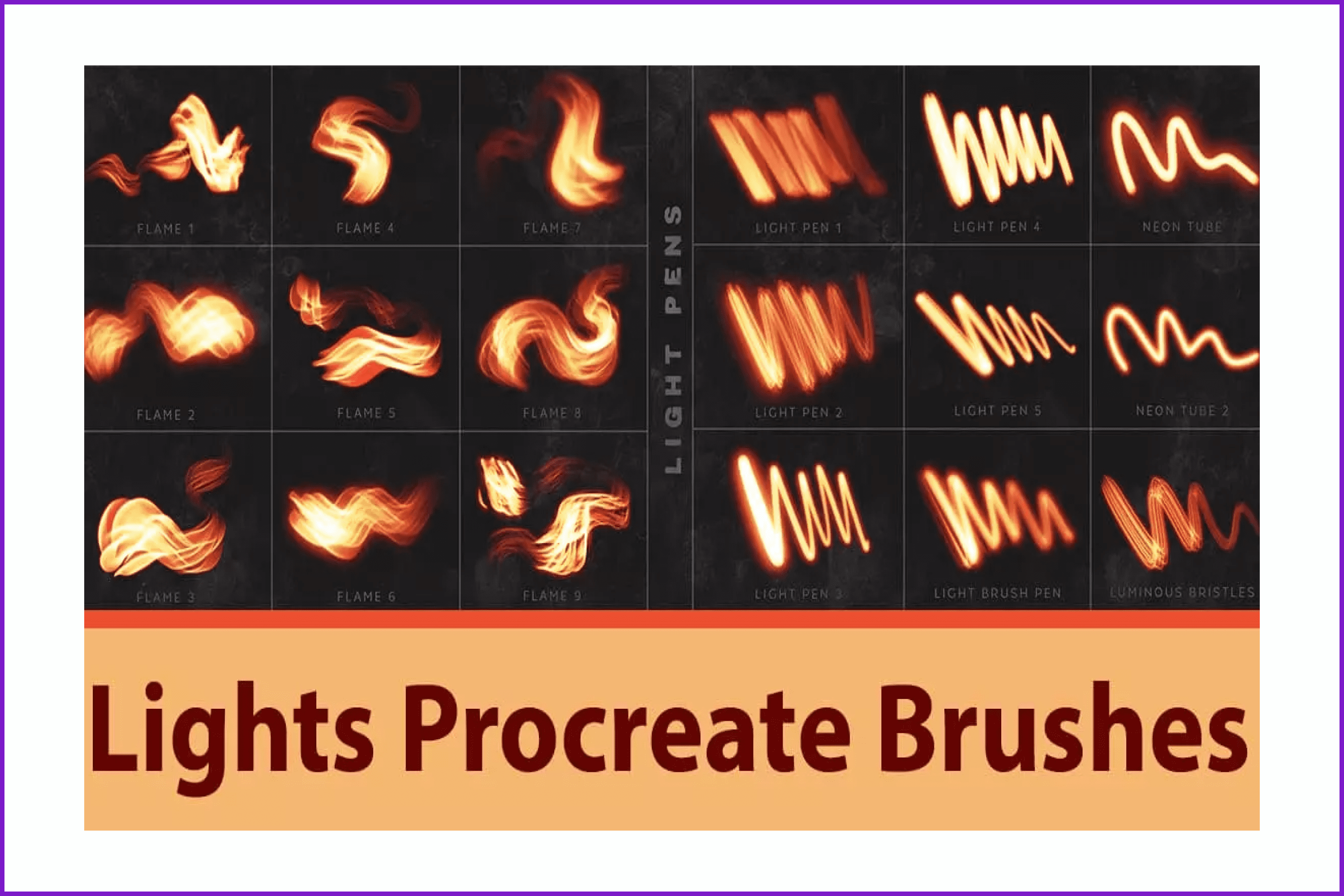 Examples of brushes painting fire on a black background.