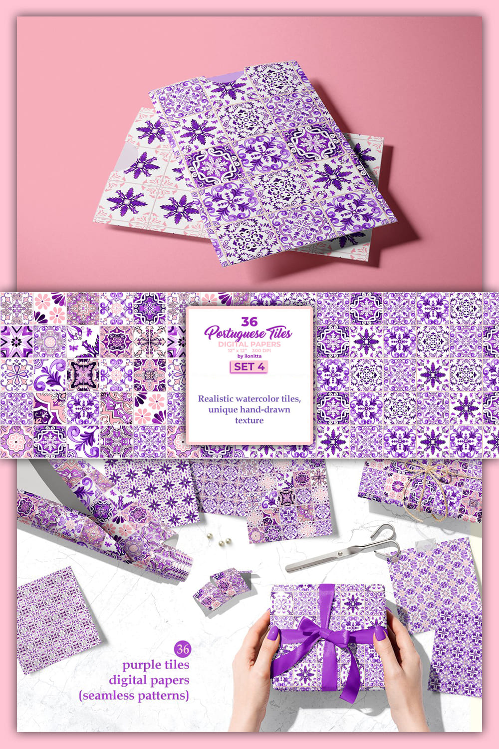 Purple portuguese azulejo tiles set - pinterest image preview.