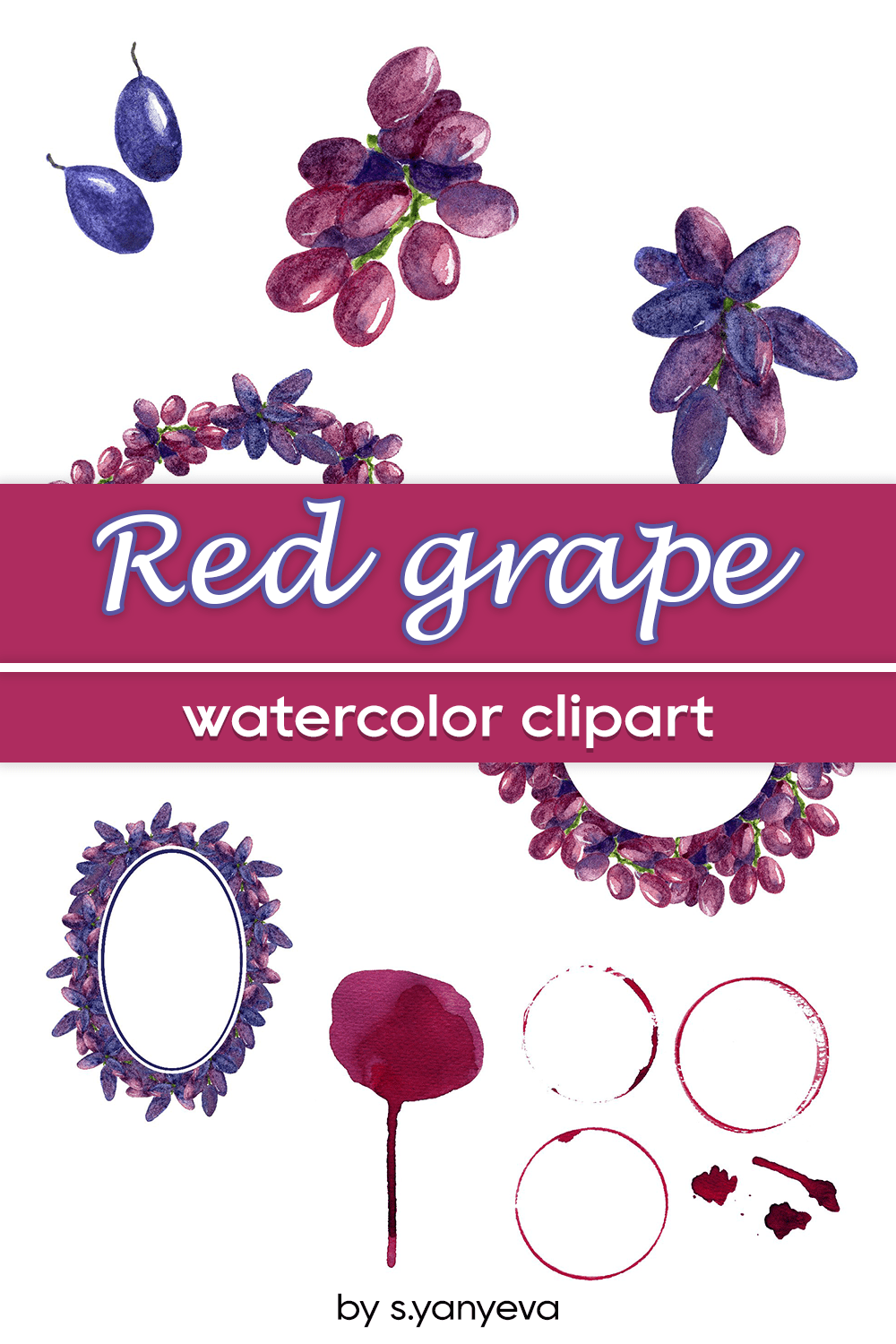 Red grape watercolor clipart - pinterest image preview.
