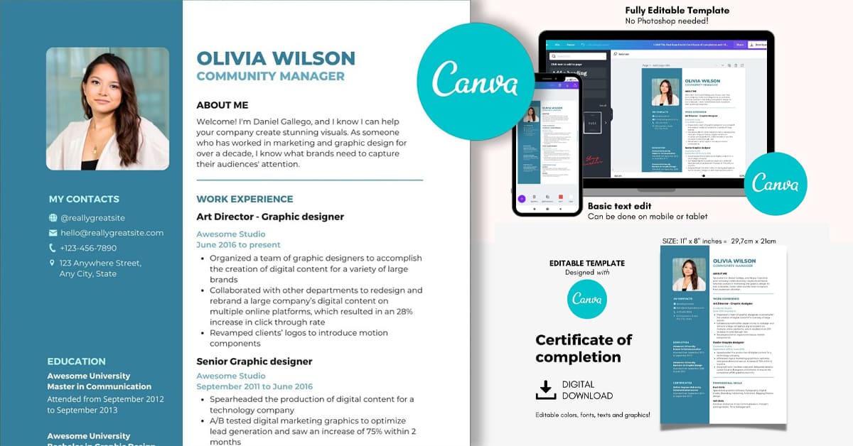 Resume Canva Template, Printable A4 - Facebook image preview.