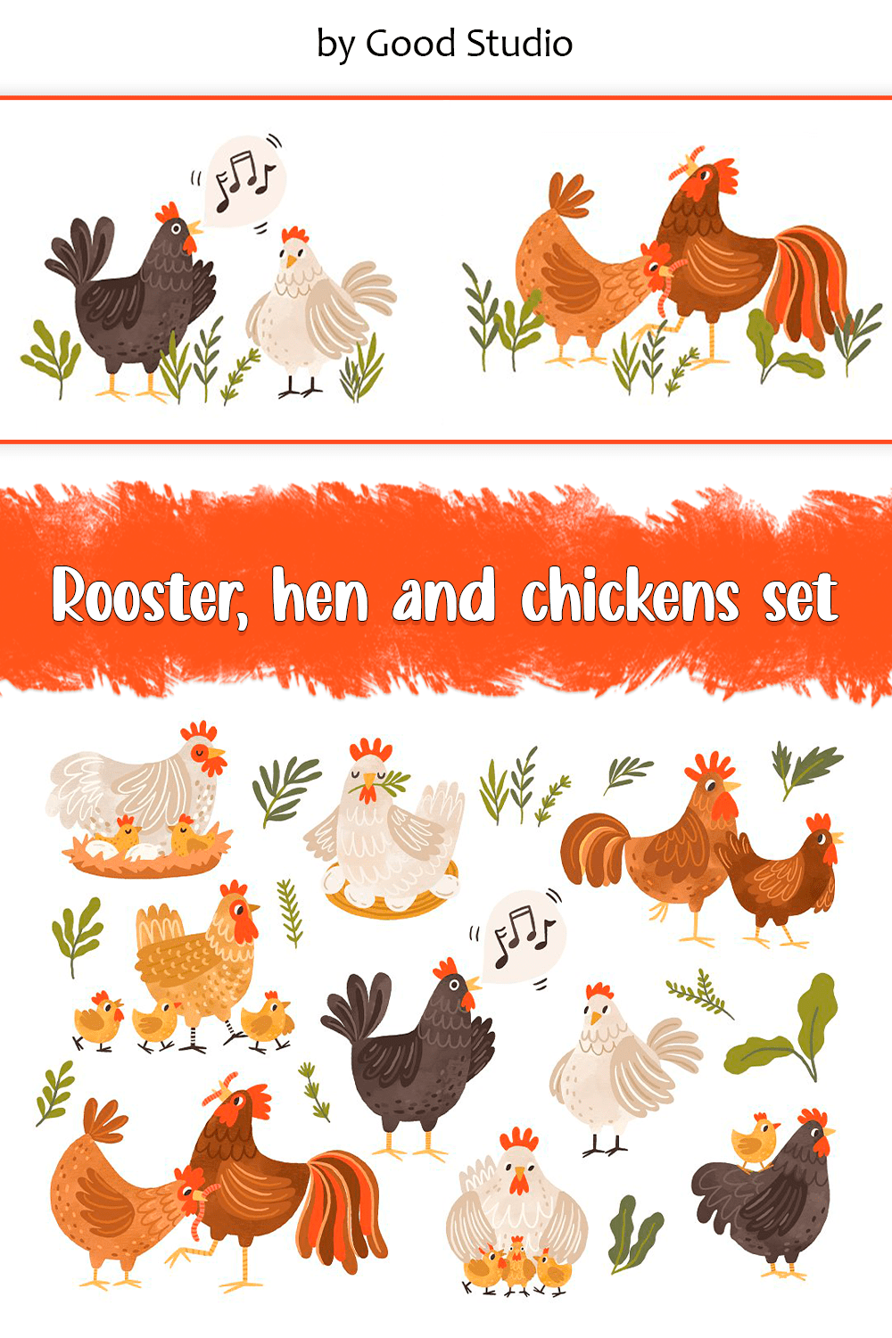 rooster hen and chickens set pinterest