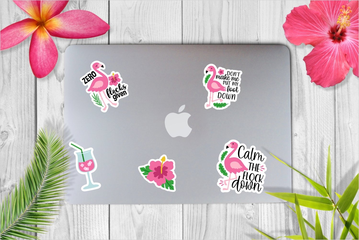 Sassy flamingo stickers on laptop.