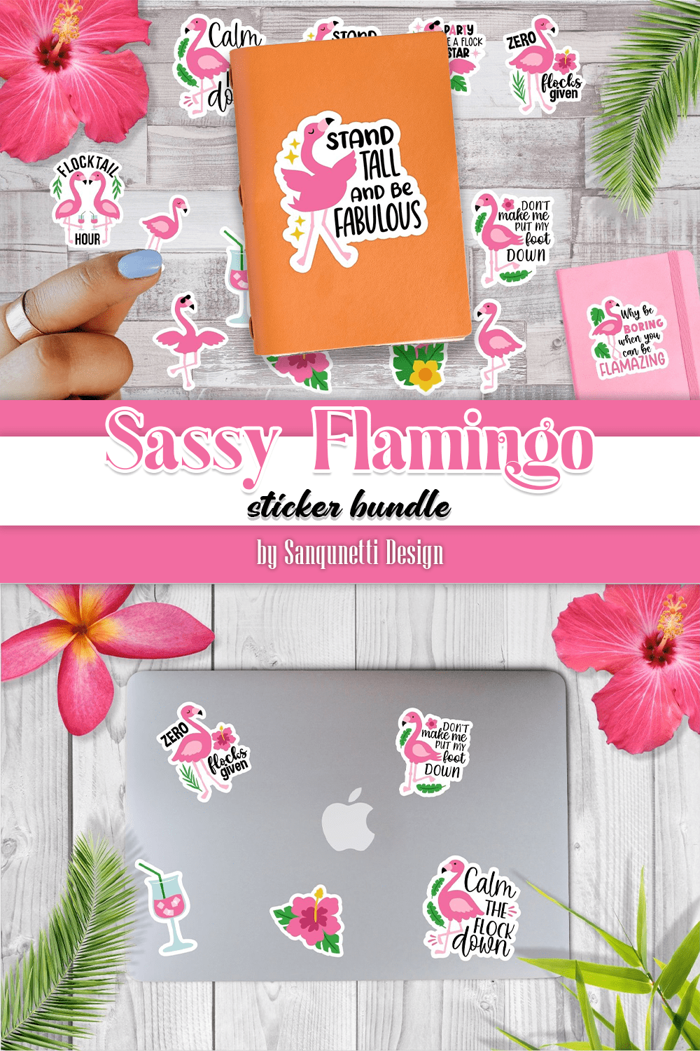 Sassy flamingo sticker bundle - pinterest image preview.