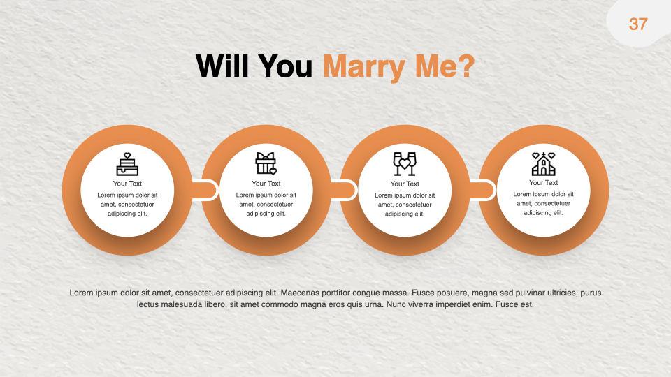 Cool cicrle infographic in orange Rustic Wedding Powerpoint Template.