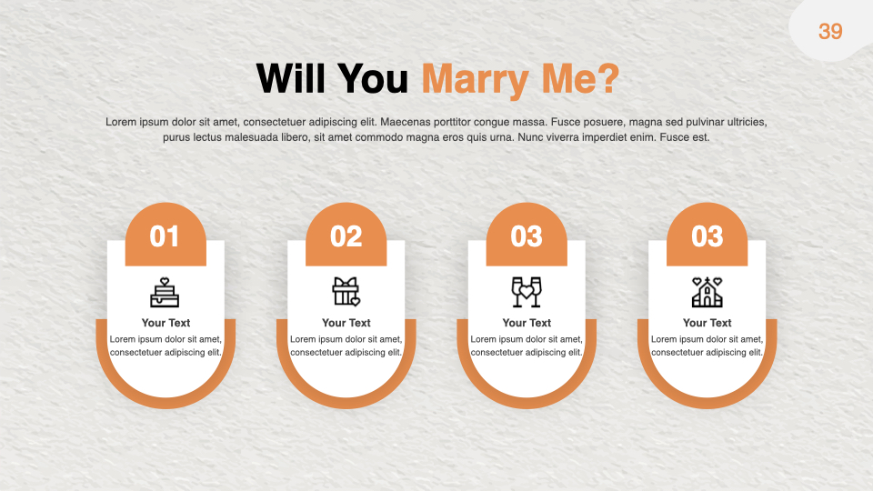 Minimalistic slide with creative infographic for optimization all wedding information.