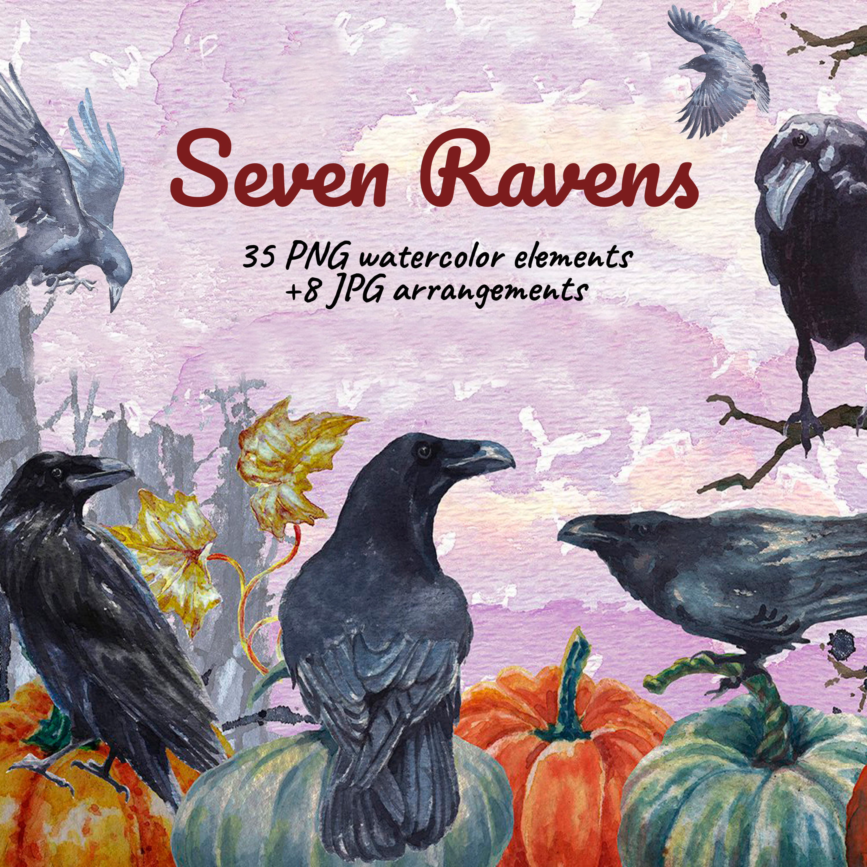 Seven ravens watercolor clipart - main image preview.