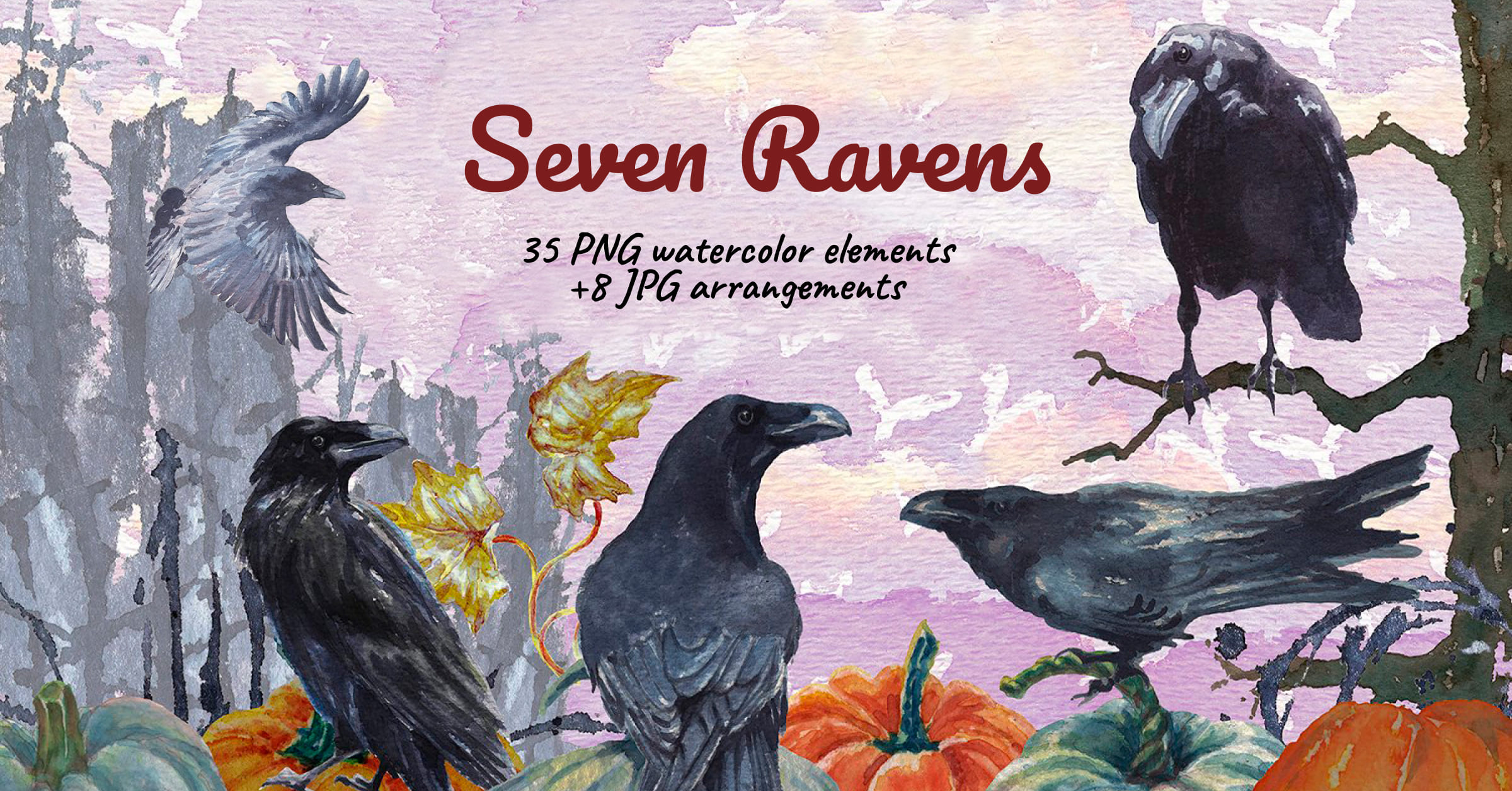 Seven ravens watercolor clipart - Facebook image preview.
