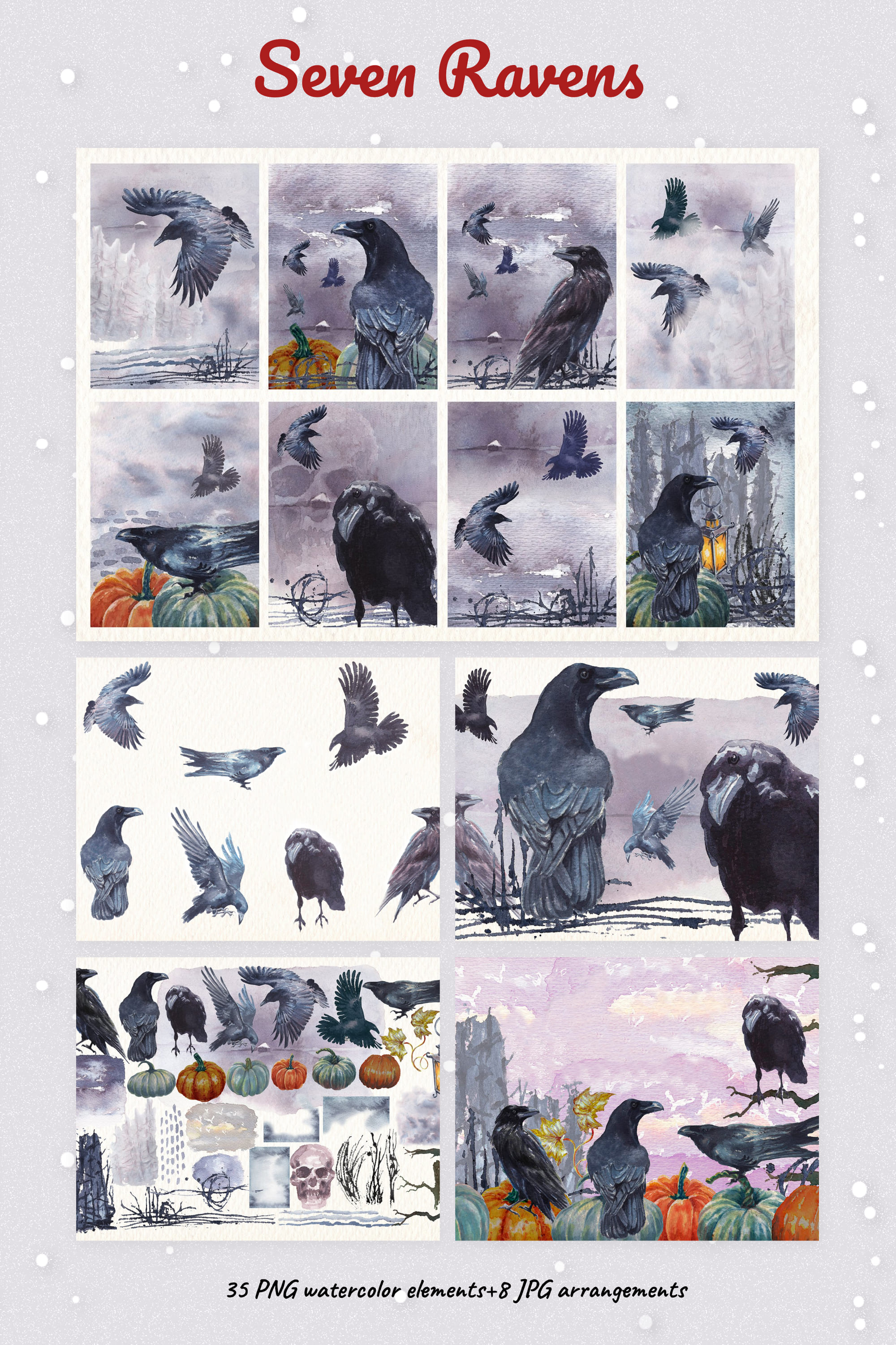 Seven ravens watercolor clipart - pinterest image preview.