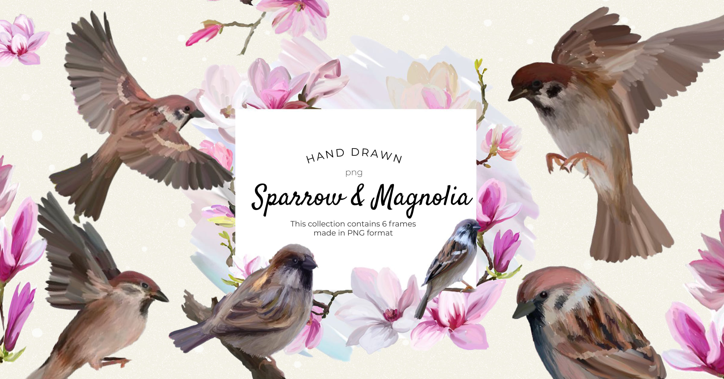 Sparrow and magnolia hand drawn floral frames - Facebook image preview.