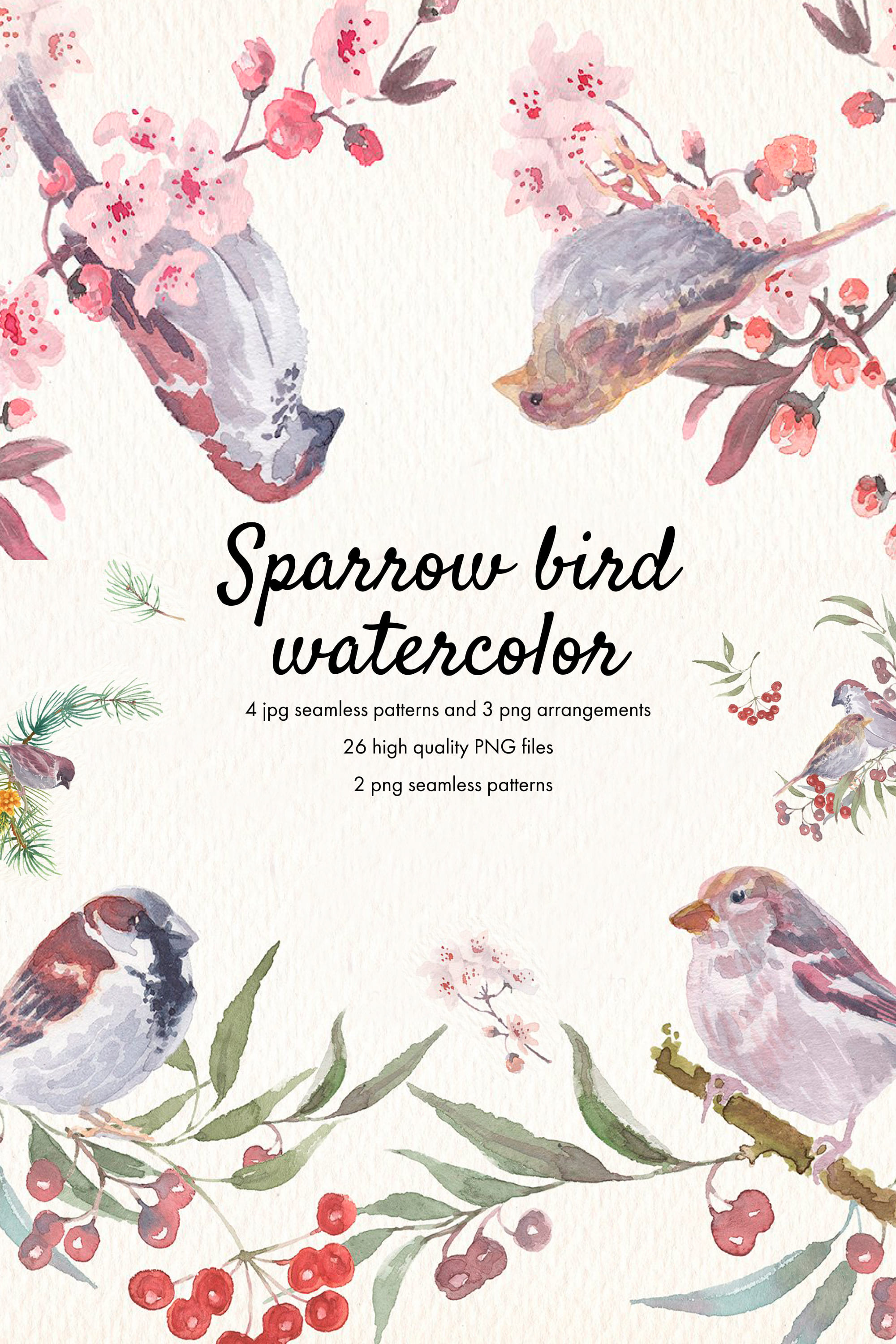 Sparrow bird watercolor clipart - Pinterest image preview.