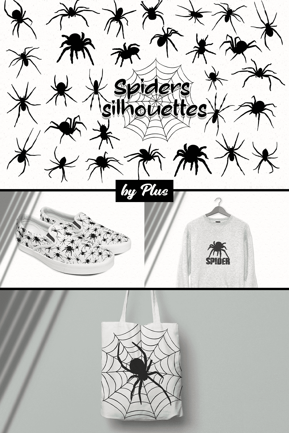 Black and white spiders illustrations.