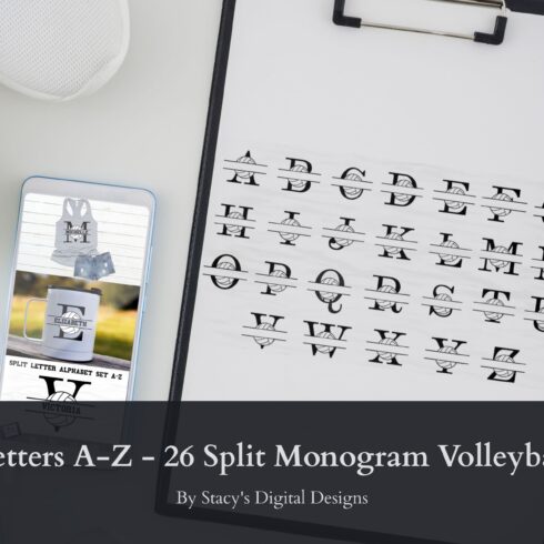 Full split letter A-Z volleyball monogram alphabet set.