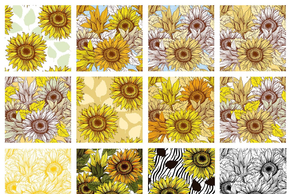 Diverse of sunflower seamless patterns.