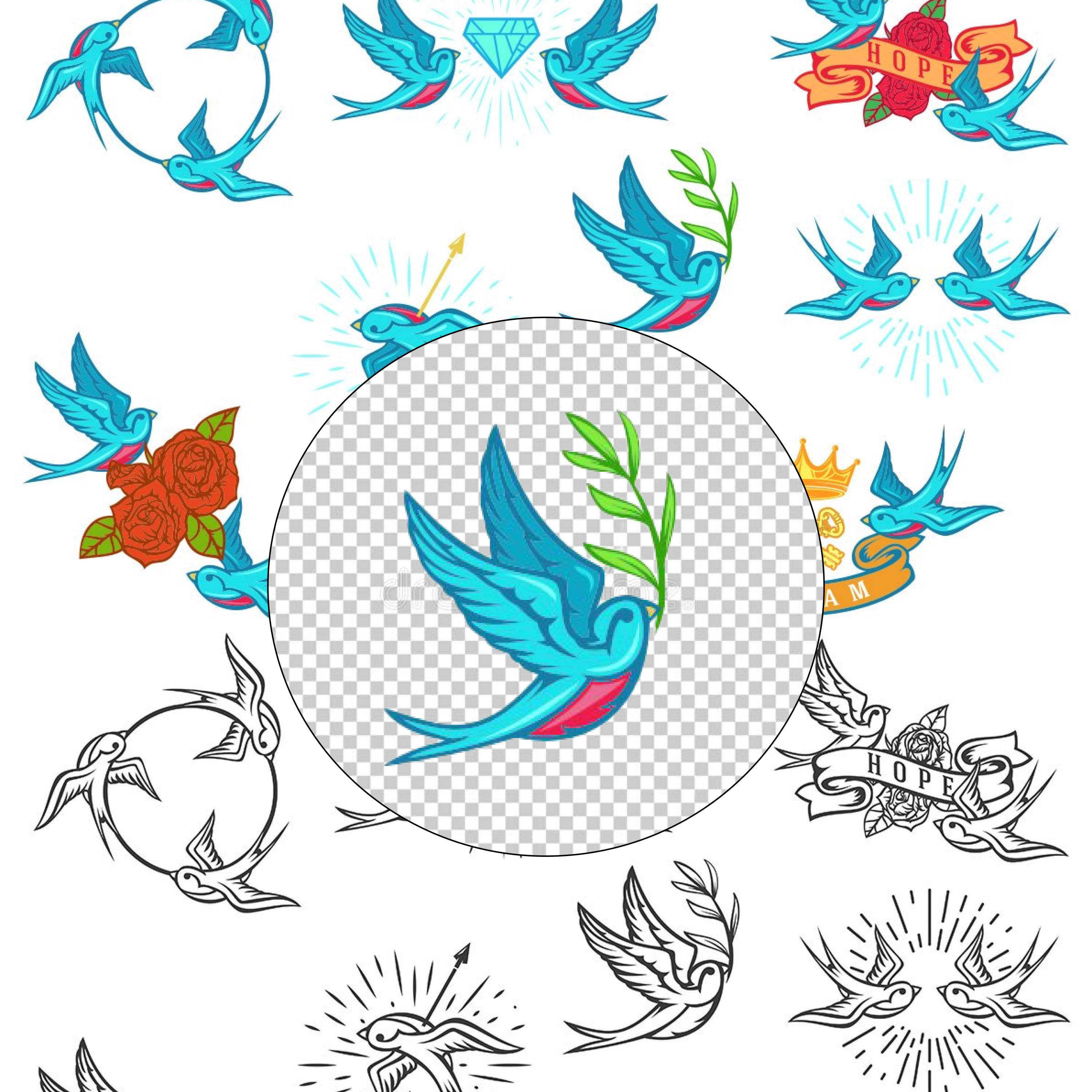 Collection of hand drawn concept with swallows in vintage cartoon style.