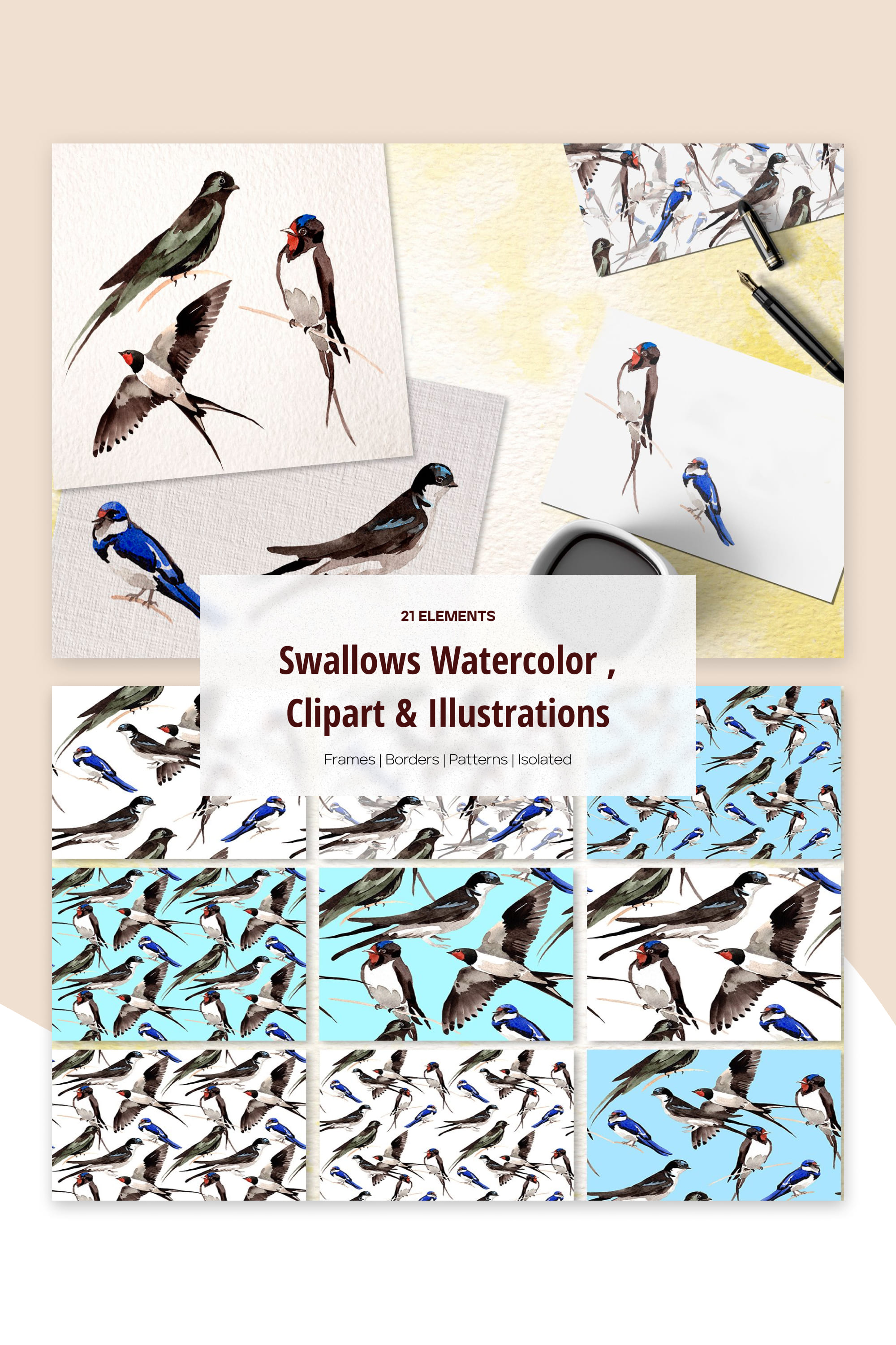 Swallows watercolor png - pinterest image preview.
