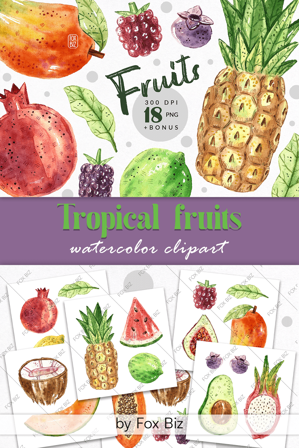 Tropical fruits watercolor clipart - pinterest image preview.