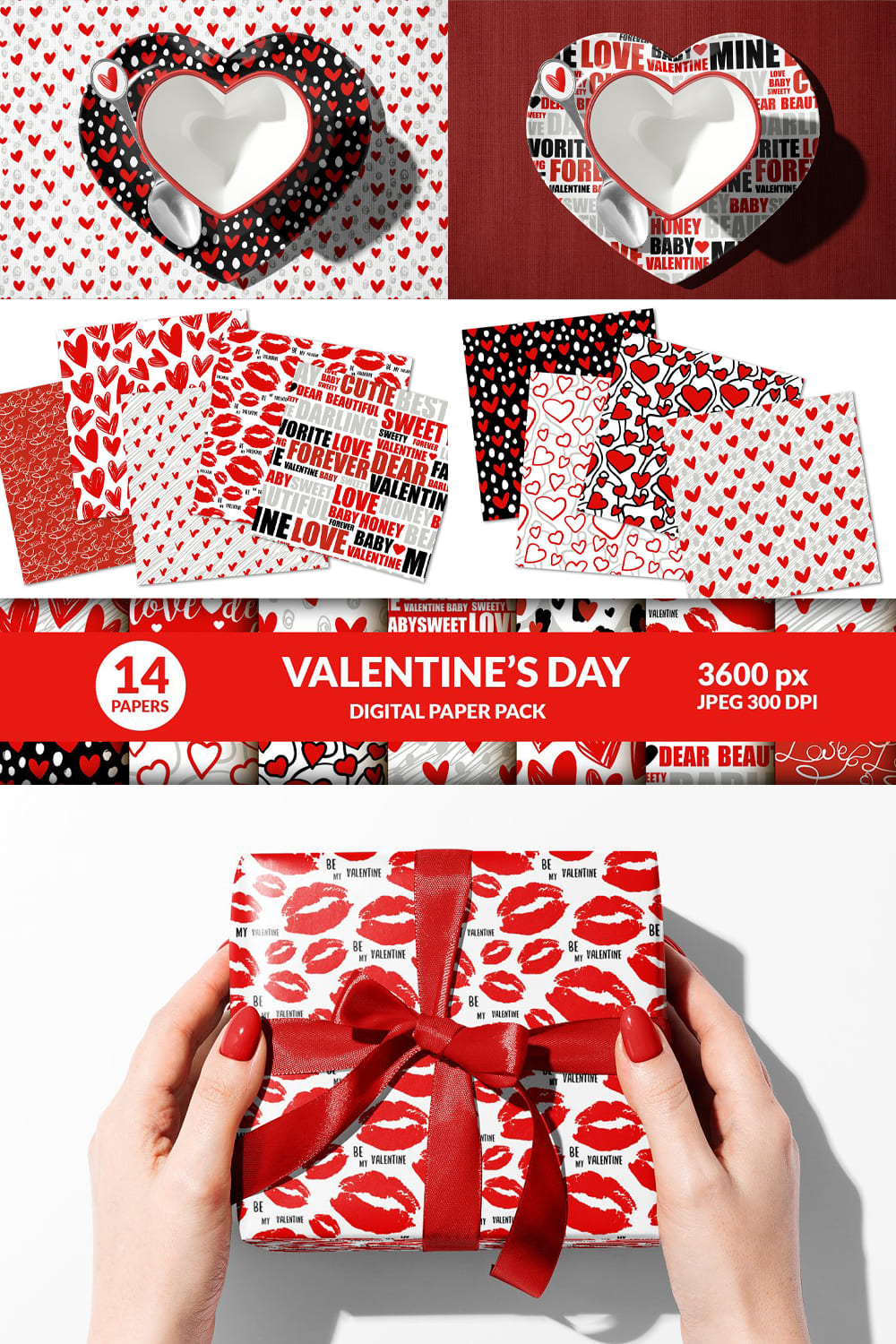 Valentines day digital paper pack - pinterest image preview.