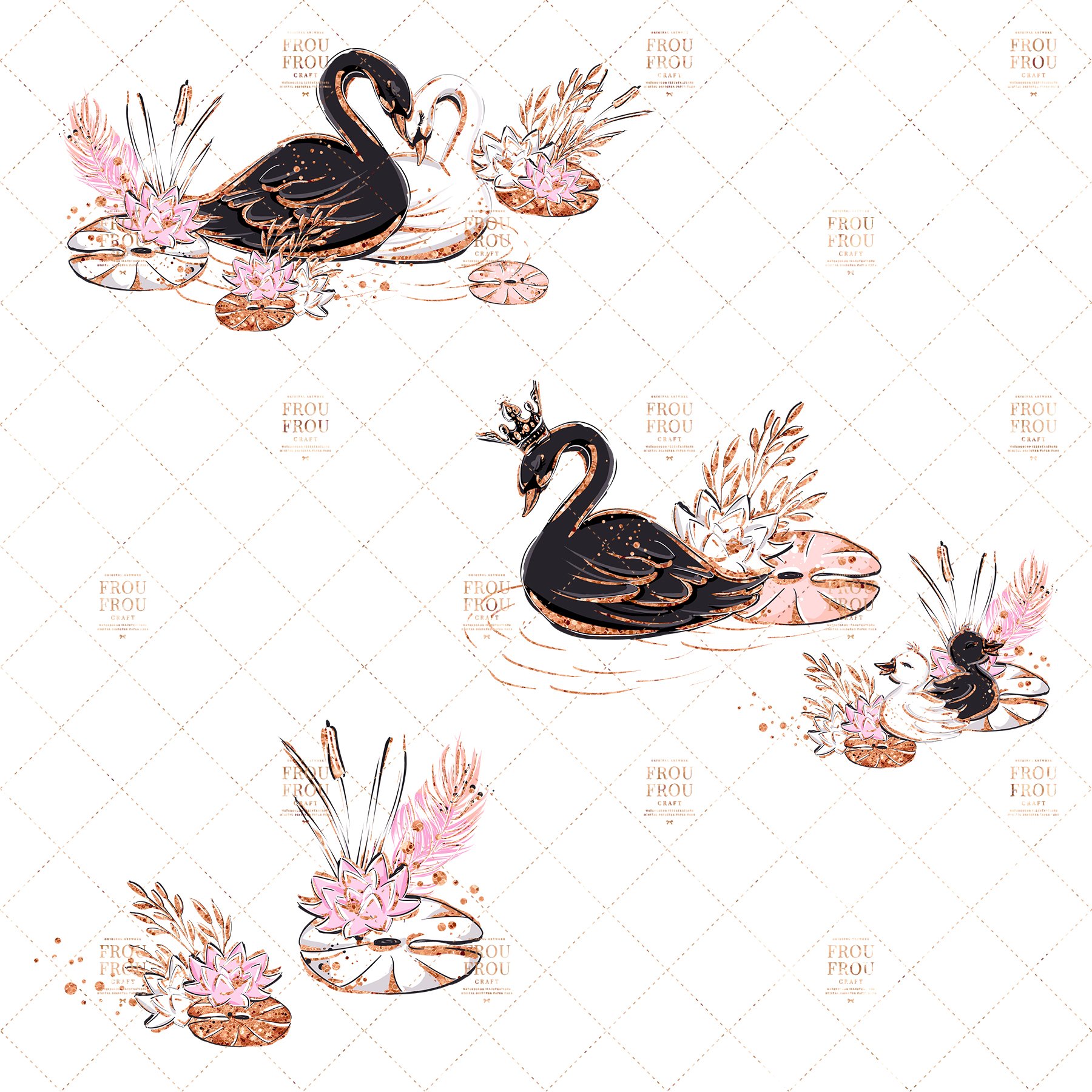 Two black swans with pastel elements.