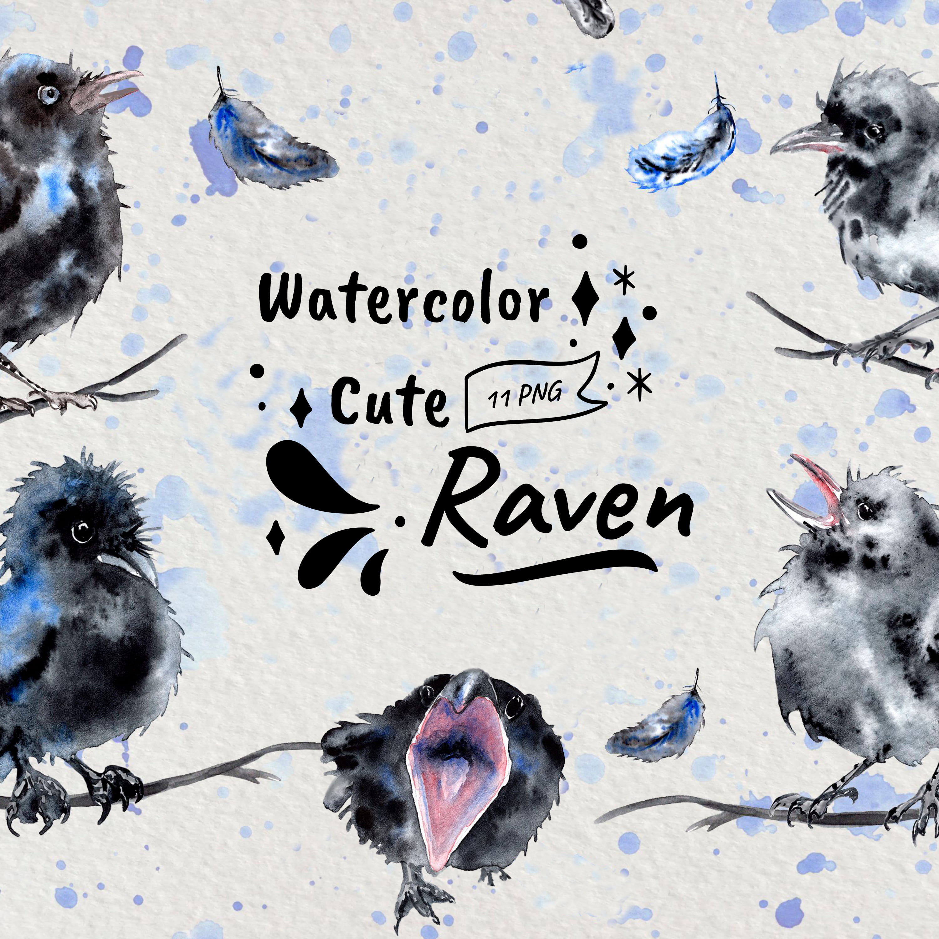 Watercolor cute raven crow chicks clip art - main image preview.