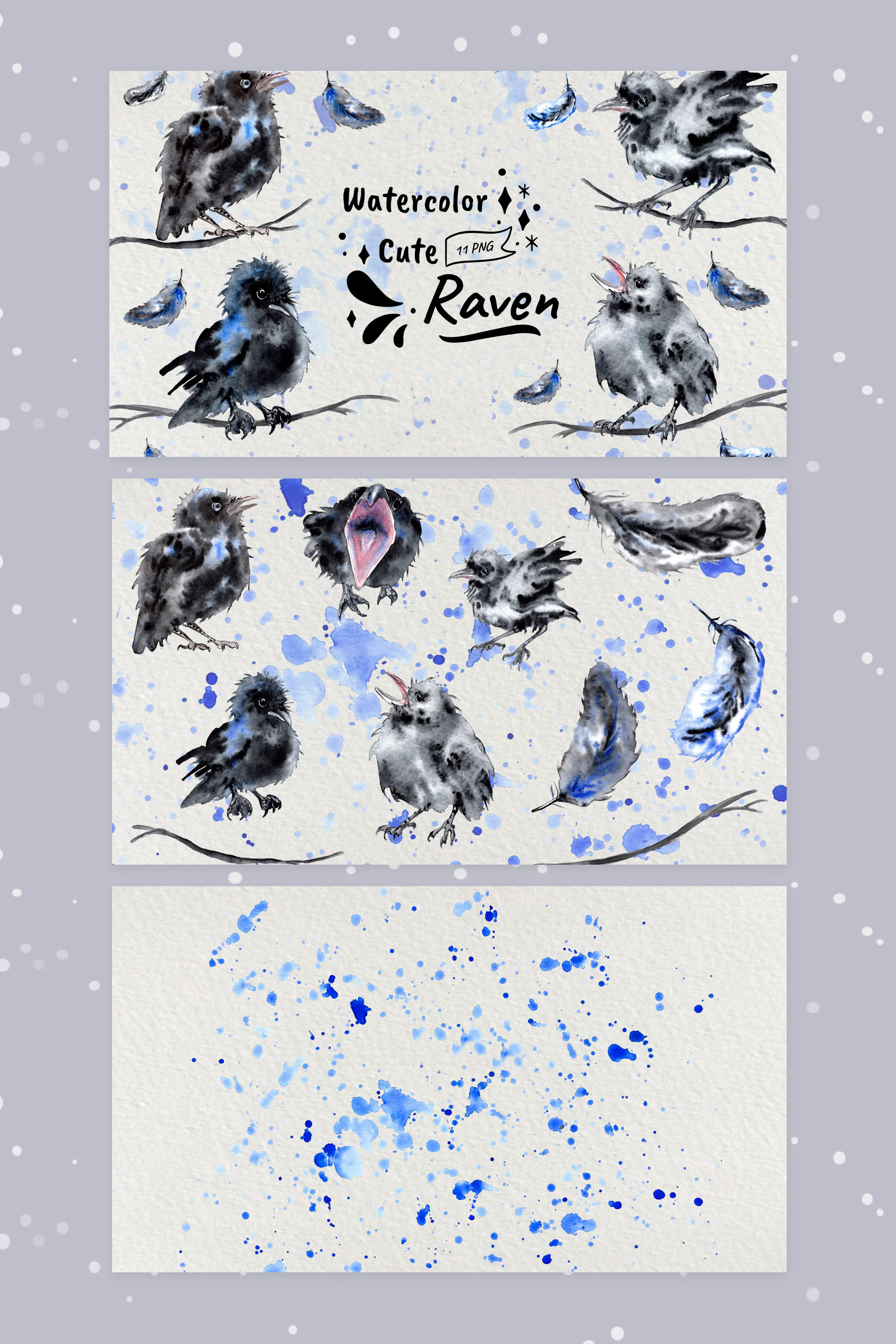 Watercolor cute raven crow chicks clip art - pinterest image preview.