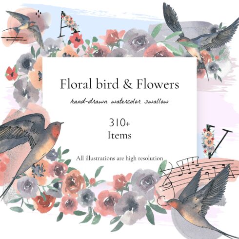 Watercolor floral bird clipart - main image preview.