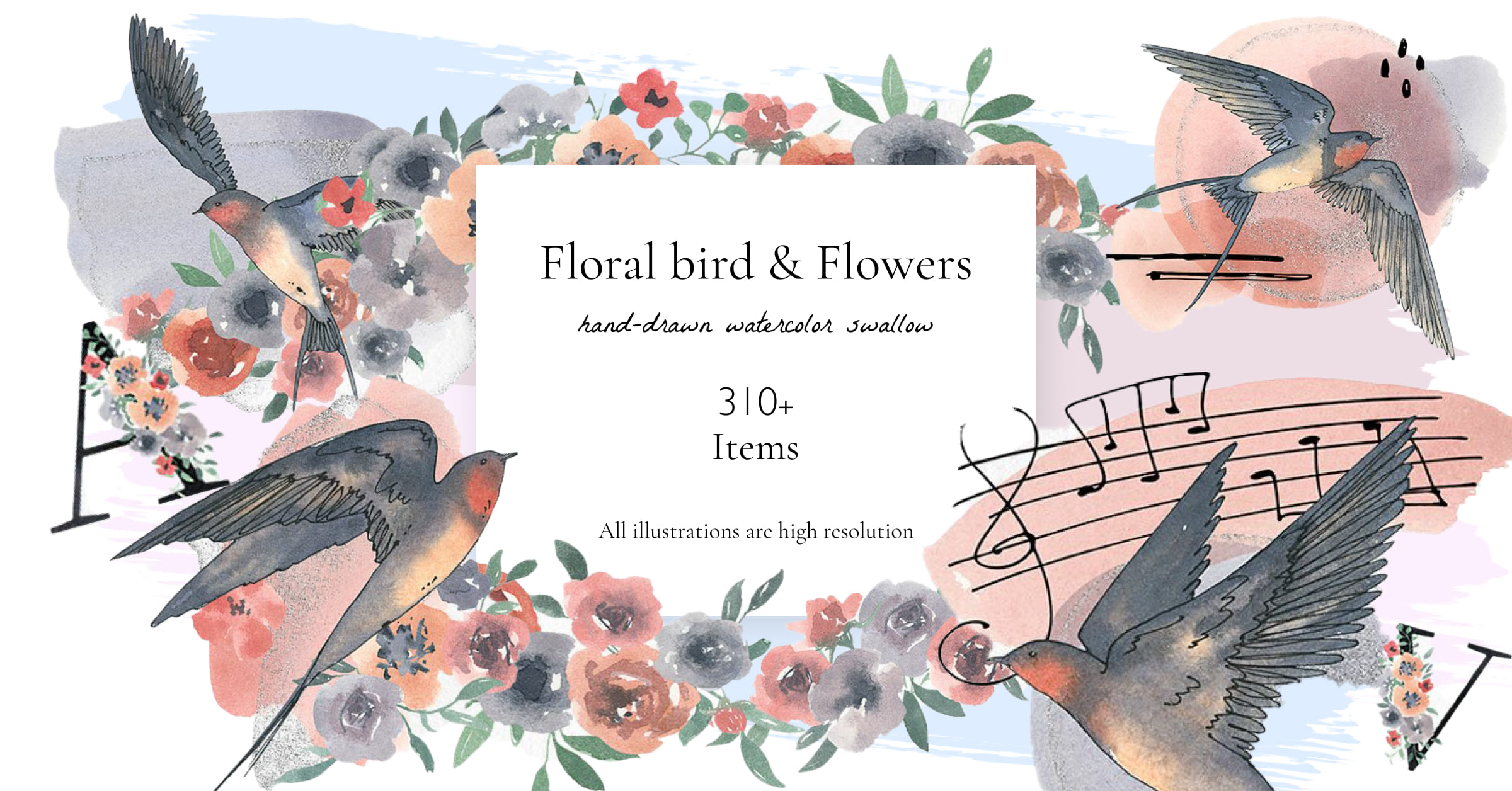 Watercolor floral bird clipart - Facebook page preview.