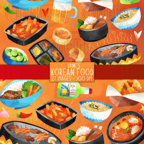 Watercolor Korean Food Clipart.