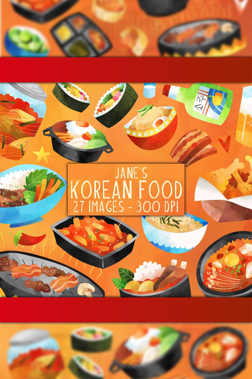 Colorful watercolor Korean food.