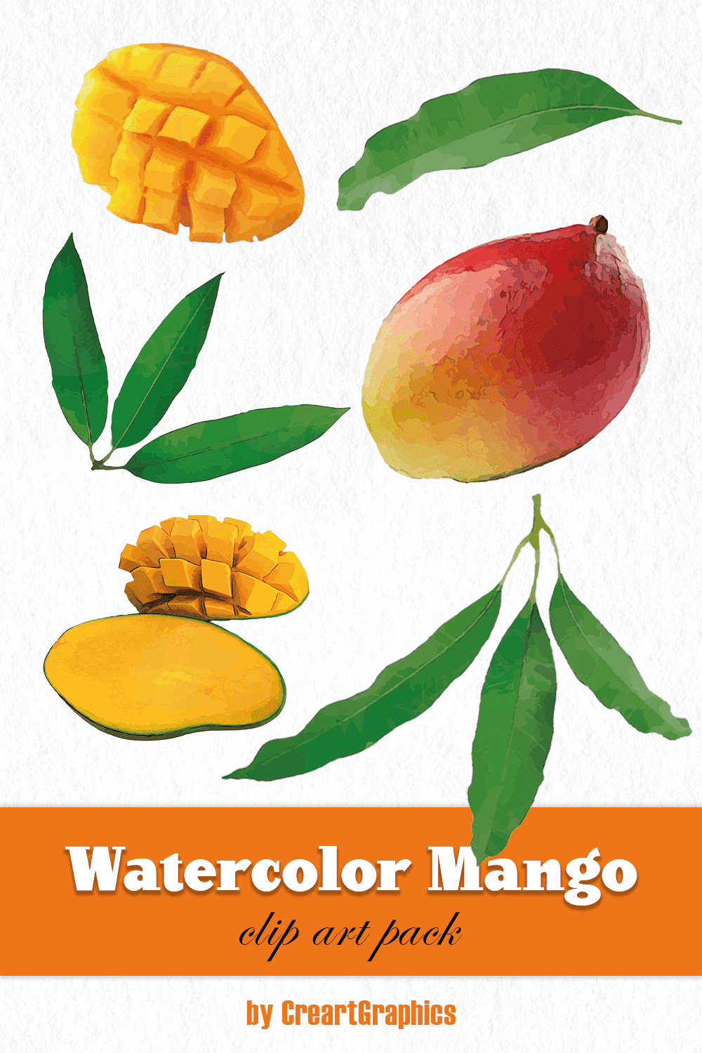 Watercolor mango clip art pack - pinterest image preview.