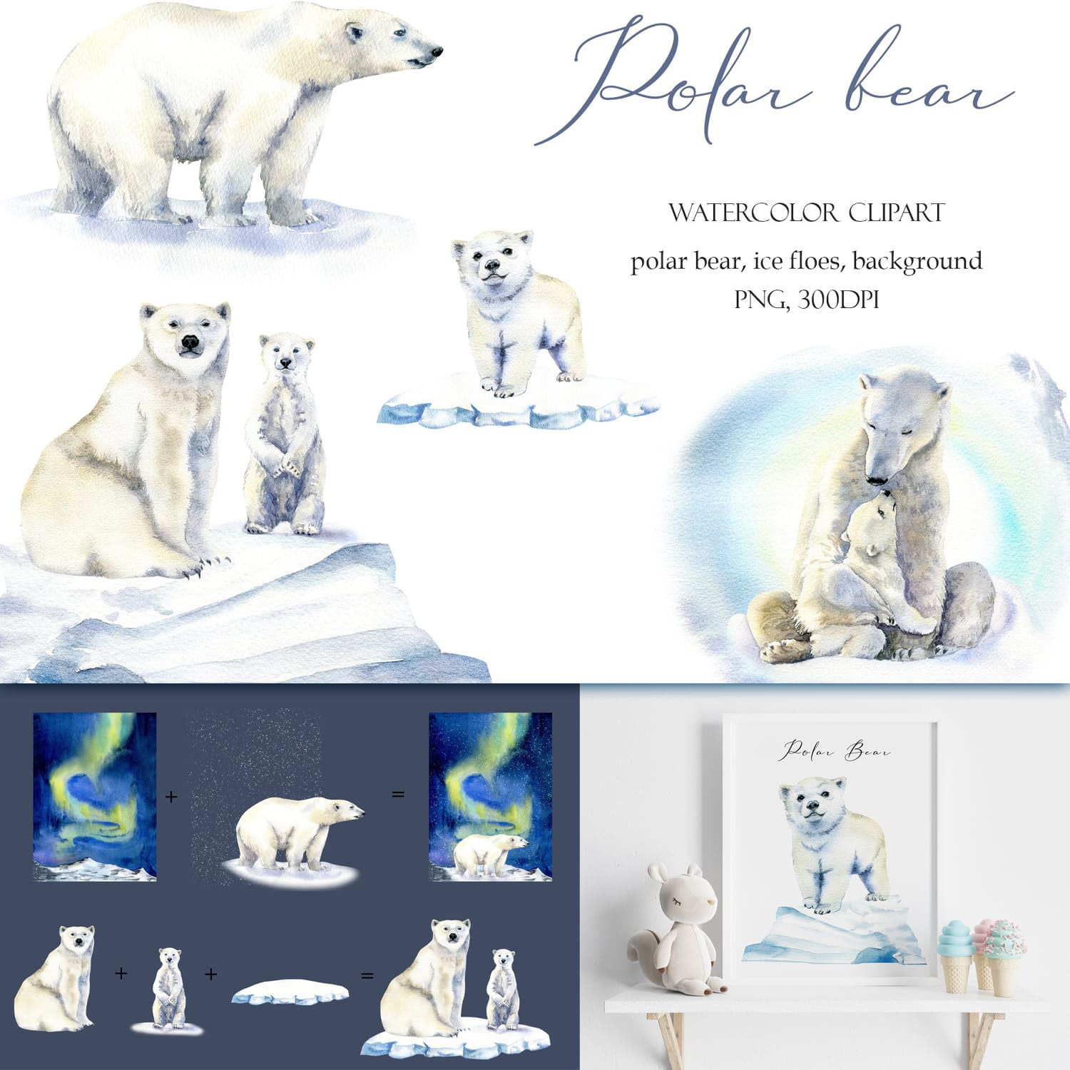 Watercolor polar bear clipart cover.