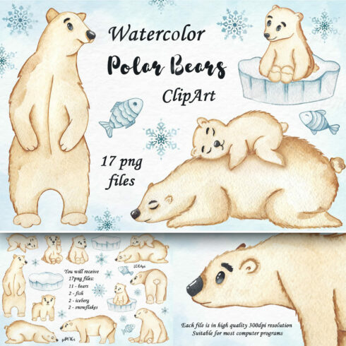 Watercolor Polar Bears Clipart.
