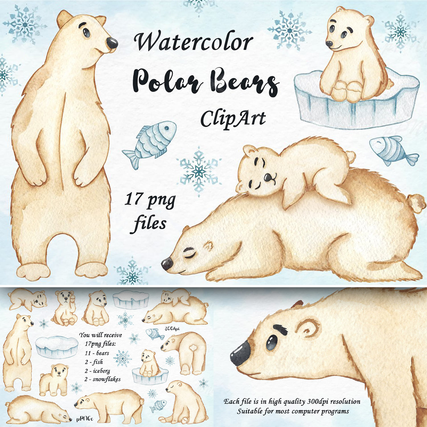 Watercolor Polar Bears Clipart.