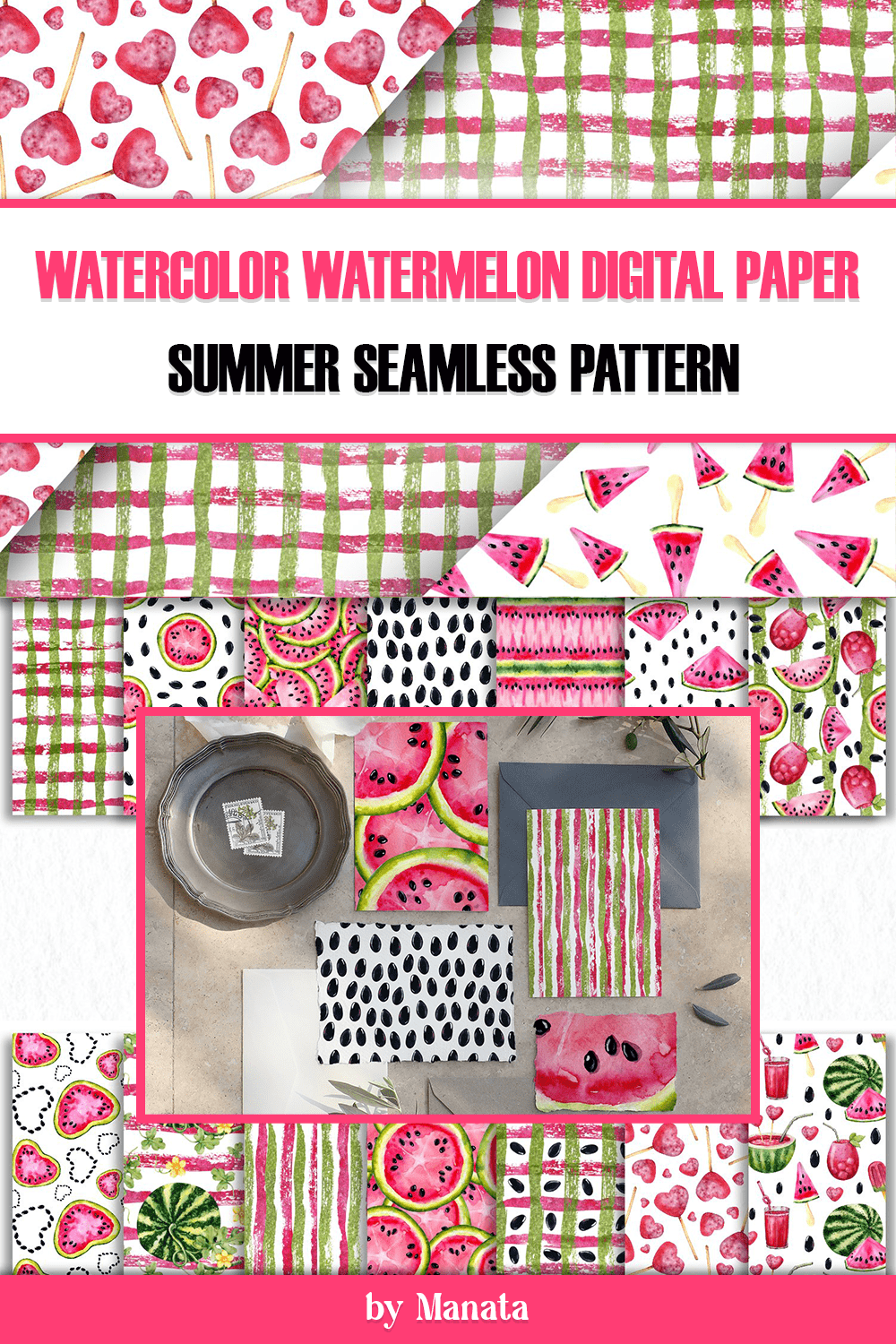 Watercolor watermelon digital paper summer seamless pattern - pinterest image preview.